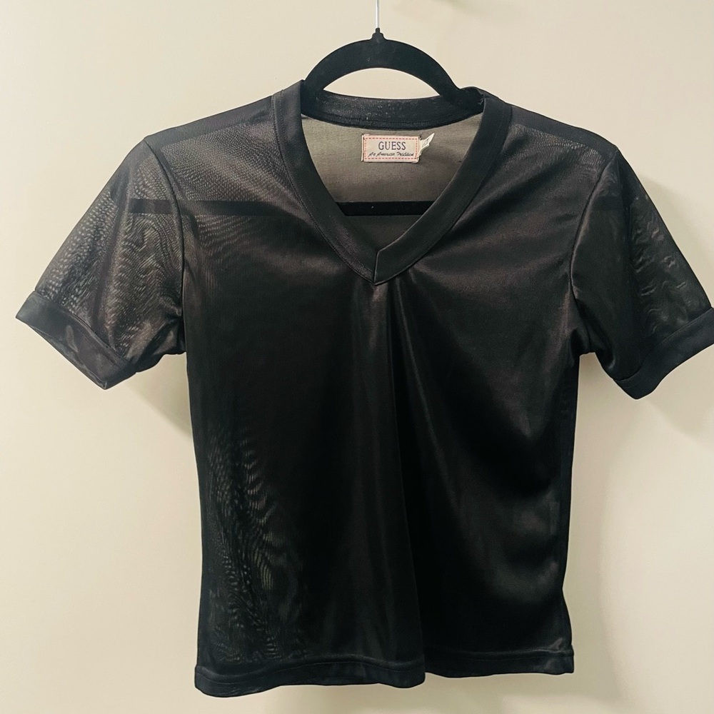 GUESS Sleek Black V-Neck Mesh Top